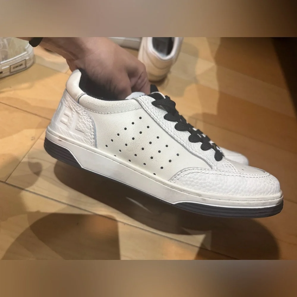 CHANEL White and Black Leather Sneakers